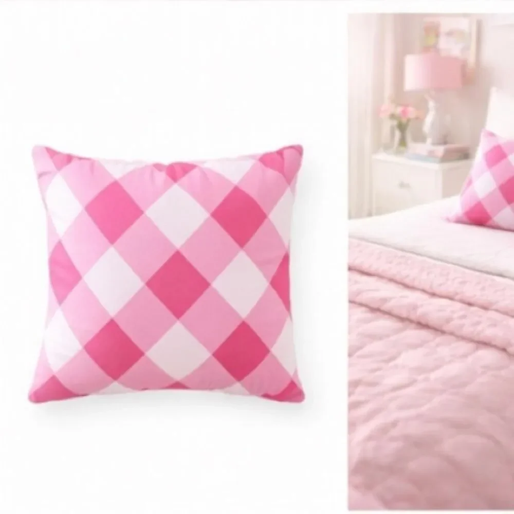 🆕 NWT PB Kids Pink Gingham Plaid Pillow cover Buffalo Check Square Pillow Cases